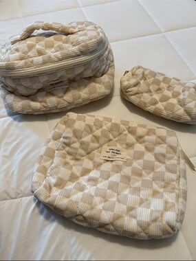Quilted Beige & Cream Cosmetic Pouch Set